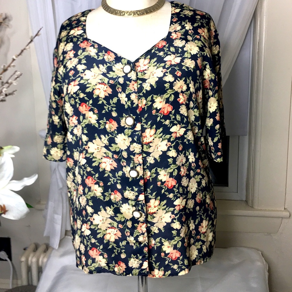Short Sleeve Navy Floral Blouse